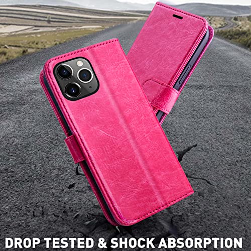 MONASAY Wallet Case for Apple iPhone 14 Pro Max 5G,6.7-inch,[Glass Screen Protector Included] [RFID Blocking] Flip Folio Leather Cell Phone Cover with Credit Card Holder,Hot Pink