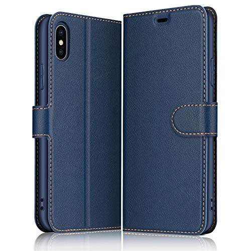 ELESNOW Case Compatible with iPhone X/XS, High-grade Leather Flip Wallet Phone Case Cover for Apple iPhone X/XS (Deep Blue)