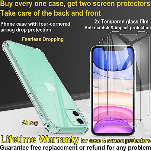 4youquality Case for iPhone 11 Case with [2-Pack Tempered Glass Screen Protectors], 6.1-Inch, Advanced Airbag Drop Protection, Shockproof Transparent Clear Bumper Phone Cover, Anti-Scratch