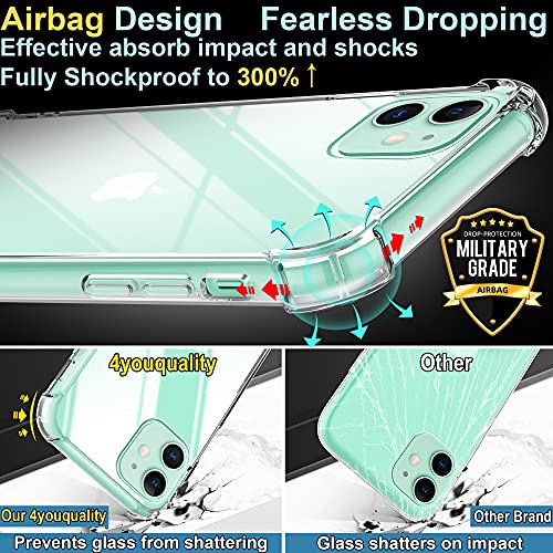 4youquality Case for iPhone 11 Case with [2-Pack Tempered Glass Screen Protectors], 6.1-Inch, Advanced Airbag Drop Protection, Shockproof Transparent Clear Bumper Phone Cover, Anti-Scratch