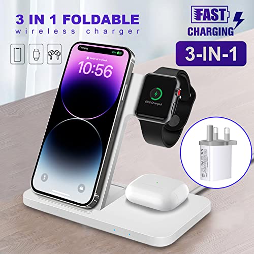 Wireless Charger, VNBBT Fast Wireless Charging Stand Dock 3 In 1 Foldable Charge Station Compatible with iPhone 14/13/12/11/Pro/Pro Max/XS/Xr/8 Plus, AirPods Pro/3/2, Apple Watch 8/7/6/5/4/3/2/SE