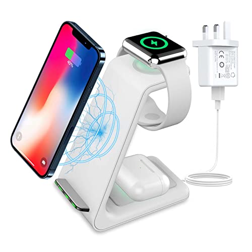 Wireless Charger 3 in 1 for Apple Devices,18W Charging Station Stand Dock for iPhone 14/13/12/11 Pro/Pro Max/XS/XR/X/8(Plus), Apple Watch 7/6/5/4/3/2/SE,AirPods Pro/3, Qi-Phones (White)