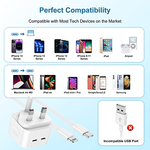 iPhone Super Fast Charger, [Apple MFi Certified] 35W Dual USB C Wall Charging Plug and Type C to Lightning Cable Lead 2M, UK Wall Charging Mains Adapter for iPhone 14 Pro Max/13 Mini/12 Pro/11/X/iPad