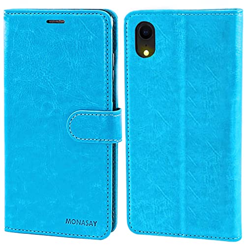 iPhone XR Wallet Case,6.1-inch,MONASAY [Glass Screen Protector Included] Flip Folio Leather Cell Phone Cover with Credit Card Holder for Apple iPhone XR,Light blue