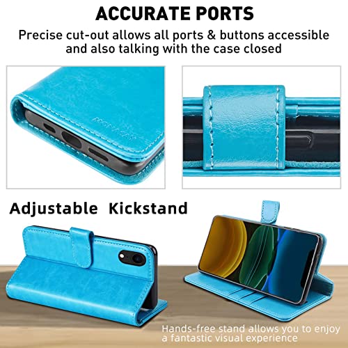 iPhone XR Wallet Case,6.1-inch,MONASAY [Glass Screen Protector Included] Flip Folio Leather Cell Phone Cover with Credit Card Holder for Apple iPhone XR,Light blue