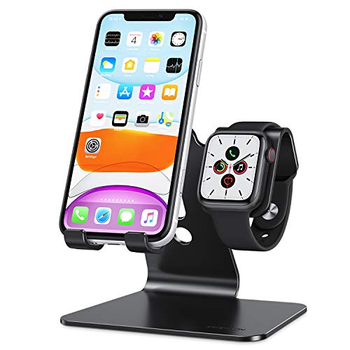 OMOTON 2 in 1 Phone and Apple Watch Stand, Desktop Stand Dock for iPhone and Apple Watch SE, Such as iPhone 14/13 Pro and iWatch Series 8/7/6/5/4/3/Ultra (Include 49/45/44/42/41/40/38mm), Black
