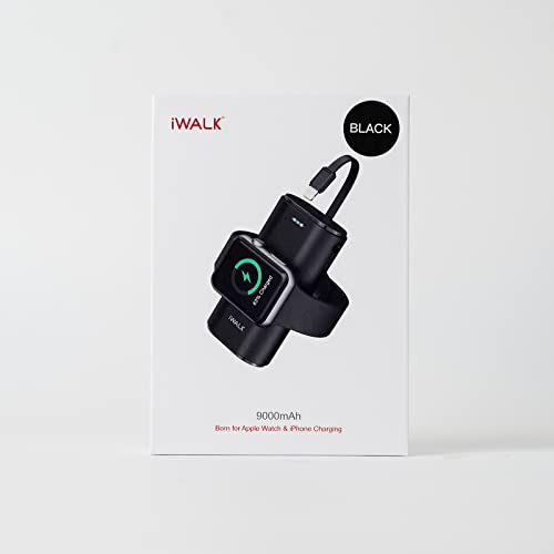 iWALK Portable Apple Watch Charger, 9000mAh Power Bank with Built in Cable, Apple Watch and Phone Charger, Compatible with Apple Watch Series 8/7/6/Se/5/4/3/2, iPhone14/ 13/12/12 Pro Max/ 11/6s,Black