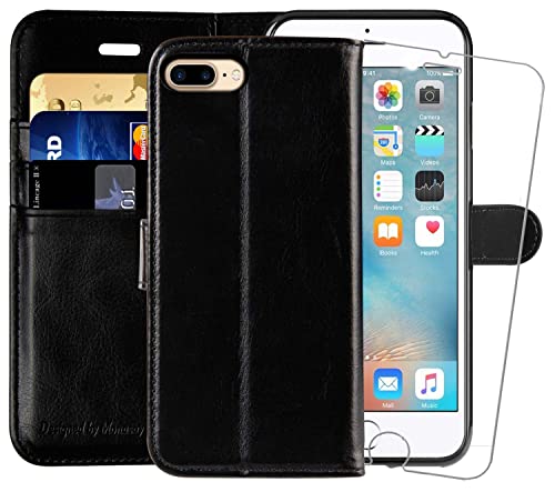 MONASAY Wallet Case for iPhone 7 Plus Wallet Case/iPhone 8 Plus,5.5 -inch [Glass Screen Protector Included] Flip Folio Leather Cell Phone Cover with Credit Card Holder for Apple 7 Plus/8 Plus,Black