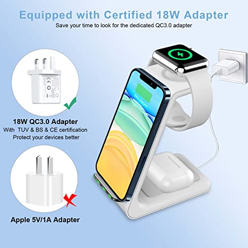 Wireless Charger 3 in 1 for Apple Devices,18W Charging Station Stand Dock for iPhone 14/13/12/11 Pro/Pro Max/XS/XR/X/8(Plus), Apple Watch 7/6/5/4/3/2/SE,AirPods Pro/3, Qi-Phones (White)