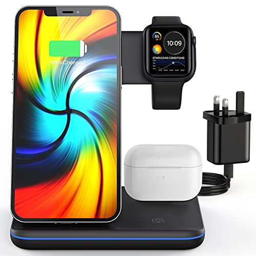 Wireless Charger 3 in 1 Wireless Charging Station with Plug and Indicator for iPhone 14/13/12/11 Pro/XS, Air Pods 3/2/1/pro, Apple iWatch Series 8/7/6/5/4/3, Samsung and Qi-Certified Phones