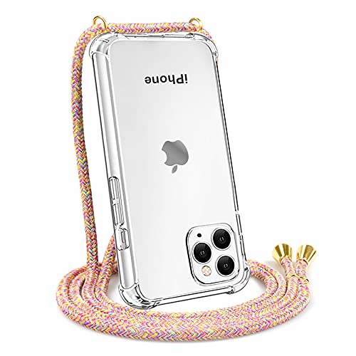 CAROKI Crossbody Case for Apple iPhone 11 Pro Max,Necklace Mobile Phone Cover with Cord Strap for iPhone 11 Pro Max,Clear Transparent TPU Soft iPhone Cover Holder with Neck Cord Lanyard Strap-Rainbow