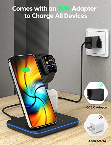 Wireless Charger 3 in 1 Wireless Charging Station with Plug and Indicator for iPhone 14/13/12/11 Pro/XS, Air Pods 3/2/1/pro, Apple iWatch Series 8/7/6/5/4/3, Samsung and Qi-Certified Phones