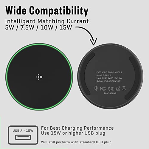 WATCHEM 15W Fast Wireless Phone Charger - Qi-Certified Charging Pad for iPhone, Samsung, Huawei, Sony - Universal Phone Compatibility