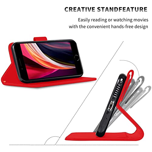 DN-Technology iPhone SE 2022 Case, iPhone SE 2020 Case/iPhone 7 Case/iPhone 8 Case Flip Leather Wallet Book Stand Folio Card Holder Phone Cover For iPhone SE (3rd Gen 2022) iPHONE SE 3 5G(RED)