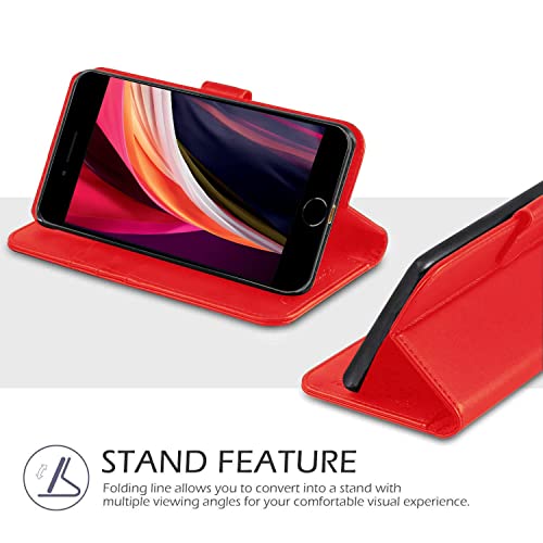 DN-Technology iPhone SE 2022 Case, iPhone SE 2020 Case/iPhone 7 Case/iPhone 8 Case Flip Leather Wallet Book Stand Folio Card Holder Phone Cover For iPhone SE (3rd Gen 2022) iPHONE SE 3 5G(RED)