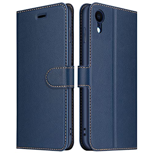 ELESNOW Case Compatible with iPhone XR, High-grade Leather Flip Wallet Phone Case Cover for Apple iPhone XR (Deep Blue)
