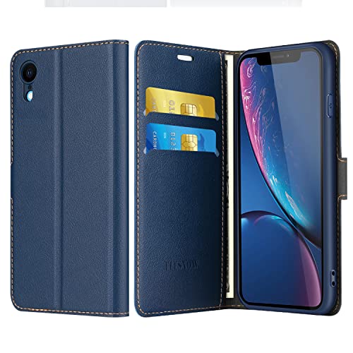 ELESNOW Case Compatible with iPhone XR, High-grade Leather Flip Wallet Phone Case Cover for Apple iPhone XR (Deep Blue)