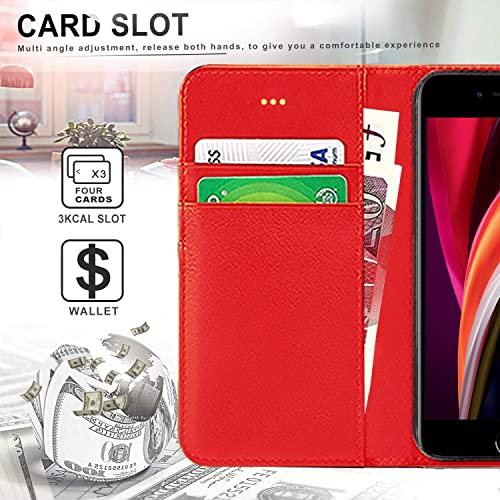 DN-Technology iPhone SE 2022 Case, iPhone SE 2020 Case/iPhone 7 Case/iPhone 8 Case Flip Leather Wallet Book Stand Folio Card Holder Phone Cover For iPhone SE (3rd Gen 2022) iPHONE SE 3 5G(RED)