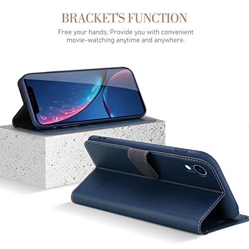 ELESNOW Case Compatible with iPhone XR, High-grade Leather Flip Wallet Phone Case Cover for Apple iPhone XR (Deep Blue)