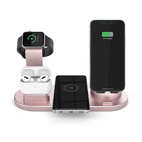 6 in 1 Wireless Charging station for apple devices, 15W Universal Charging Dock for Apple iPhone/Airpods/Samsung, iWatch charging dock multi charging station, Qi multi charging station (Rose-Gold)