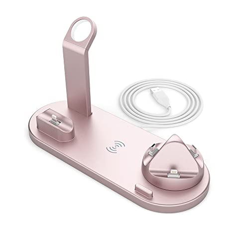 6 in 1 Wireless Charging station for apple devices, 15W Universal Charging Dock for Apple iPhone/Airpods/Samsung, iWatch charging dock multi charging station, Qi multi charging station (Rose-Gold)