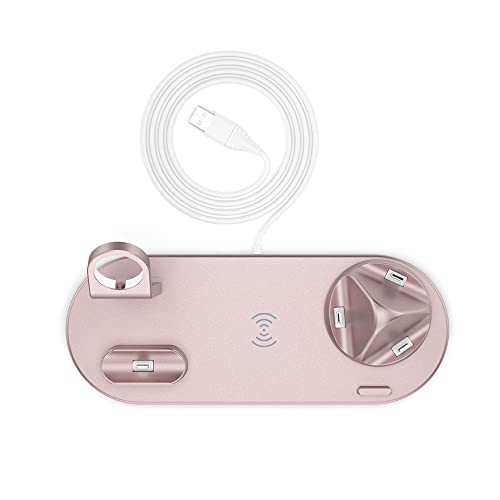 6 in 1 Wireless Charging station for apple devices, 15W Universal Charging Dock for Apple iPhone/Airpods/Samsung, iWatch charging dock multi charging station, Qi multi charging station (Rose-Gold)