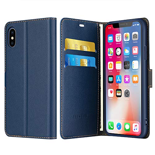 ELESNOW Case Compatible with iPhone X/XS, High-grade Leather Flip Wallet Phone Case Cover for Apple iPhone X/XS (Deep Blue)