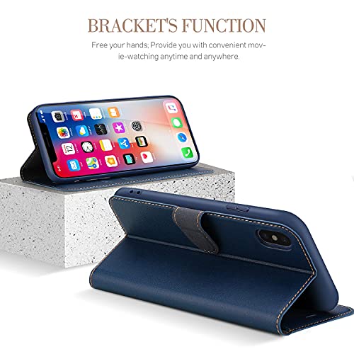 ELESNOW Case Compatible with iPhone X/XS, High-grade Leather Flip Wallet Phone Case Cover for Apple iPhone X/XS (Deep Blue)
