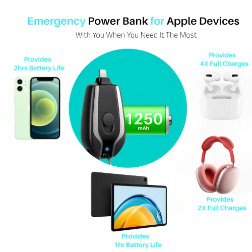 Mini Power Emergency Pod - Key Chain Power Bank for iPhone - Lightning Portable Battery Charger Pack. Charging Bank for Apple Phones. Compatible with iPhone 14/13/12/11/X/8/7