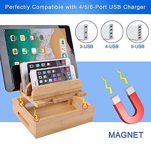 XPhonew Bamboo Wood Desktop Multi-device Cords Organizer Stand and Charging Station Charger Dock Cradle Holder for iPhone 14 13 12 11 Pro Max XS iPad Mini 4 5 Samsung OnePlus LG Smartphones and Tablet