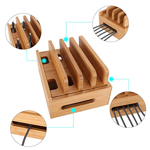 XPhonew Bamboo Wood Desktop Multi-device Cords Organizer Stand and Charging Station Charger Dock Cradle Holder for iPhone 14 13 12 11 Pro Max XS iPad Mini 4 5 Samsung OnePlus LG Smartphones and Tablet