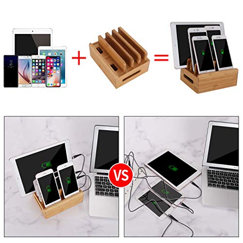 XPhonew Bamboo Wood Desktop Multi-device Cords Organizer Stand and Charging Station Charger Dock Cradle Holder for iPhone 14 13 12 11 Pro Max XS iPad Mini 4 5 Samsung OnePlus LG Smartphones and Tablet