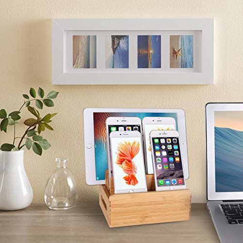 XPhonew Bamboo Wood Desktop Multi-device Cords Organizer Stand and Charging Station Charger Dock Cradle Holder for iPhone 14 13 12 11 Pro Max XS iPad Mini 4 5 Samsung OnePlus LG Smartphones and Tablet