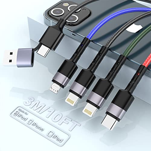 3M USB/USB C Multi Fast Charging Cable Universal USB Cellphone Cables 4 in 1 Charging Cord with Lightning*2+Type C+Micro USB Nylon Braided Charger Cord Adapter for Apple iOS iPhone/Android/Samsung