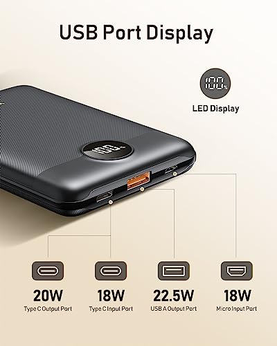Power Bank Fast Charging 22.5W, 10000mAh Mini USB C Portable Charger with PD QC3.0, VEEKTOMX Small Portable Battery Bank, Ultra-Compact External Battery Packs for iPhone, Samsung, Mobile (Black)