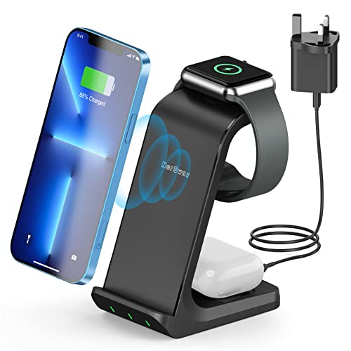 3 in 1 Wireless Charging Station, Wireless Charger with QC3.0 Adapter, Fast Charging Stand Dock for AirPods2/3/pro, for iWatch 2/3/4/5/6/7/SE/8, for iPhone14/13/12Mini/11Pro Max/X/8+/8/Samsung S22/S21