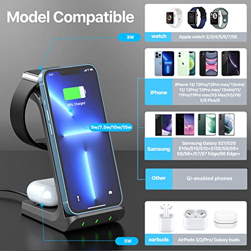3 in 1 Wireless Charging Station, Wireless Charger with QC3.0 Adapter, Fast Charging Stand Dock for AirPods2/3/pro, for iWatch 2/3/4/5/6/7/SE/8, for iPhone14/13/12Mini/11Pro Max/X/8+/8/Samsung S22/S21