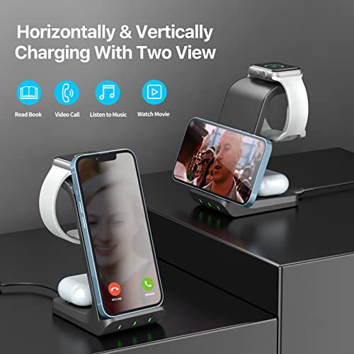 3 in 1 Wireless Charging Station, Wireless Charger with QC3.0 Adapter, Fast Charging Stand Dock for AirPods2/3/pro, for iWatch 2/3/4/5/6/7/SE/8, for iPhone14/13/12Mini/11Pro Max/X/8+/8/Samsung S22/S21