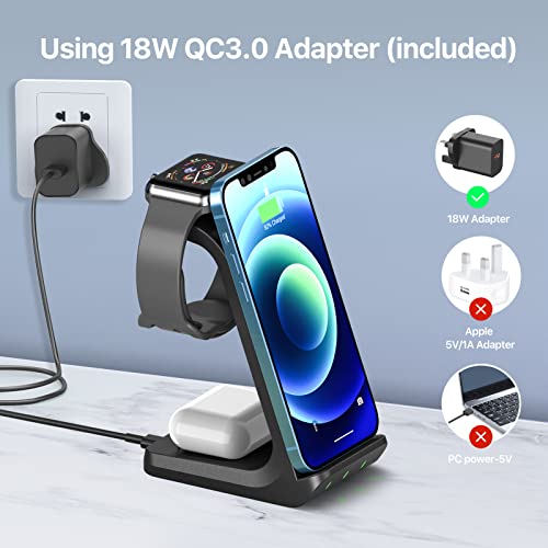 3 in 1 Wireless Charging Station, Wireless Charger with QC3.0 Adapter, Fast Charging Stand Dock for AirPods2/3/pro, for iWatch 2/3/4/5/6/7/SE/8, for iPhone14/13/12Mini/11Pro Max/X/8+/8/Samsung S22/S21