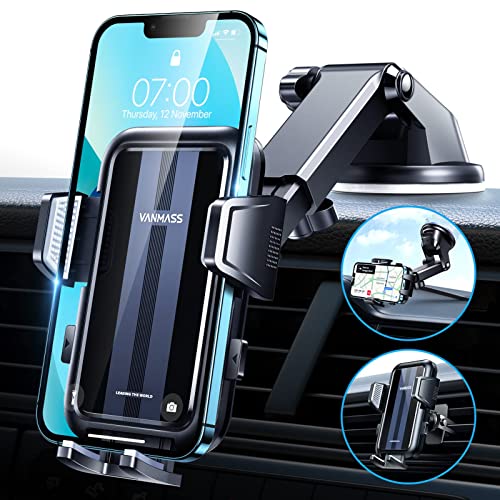 VANMASS【2023 Top Military】Car Phone Holder Mount,【Ultra Stable Suction】Mobile Phone Cradle Bracket, Universal Rotatable Dashboard Windscreen Vent Van for iPhone 14 13 12 Pro Max Samsung Galaxy, Black