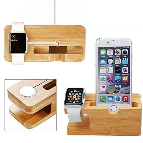 XPhonew Bamboo Wood Multifunction Charging Stand Charger Cradle Docking Station Charge Holder Compatible for iPhone 14 13 12 11 Pro Max Apple Watch 2 3 4 5 / iWatch 38mm & 42mm Samsung Sony Smartphone