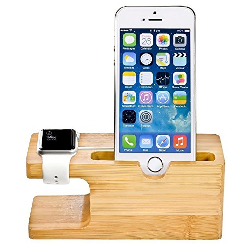 XPhonew Bamboo Wood Multifunction Charging Stand Charger Cradle Docking Station Charge Holder Compatible for iPhone 14 13 12 11 Pro Max Apple Watch 2 3 4 5 / iWatch 38mm & 42mm Samsung Sony Smartphone