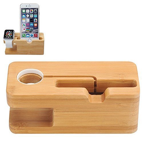 XPhonew Bamboo Wood Multifunction Charging Stand Charger Cradle Docking Station Charge Holder Compatible for iPhone 14 13 12 11 Pro Max Apple Watch 2 3 4 5 / iWatch 38mm & 42mm Samsung Sony Smartphone
