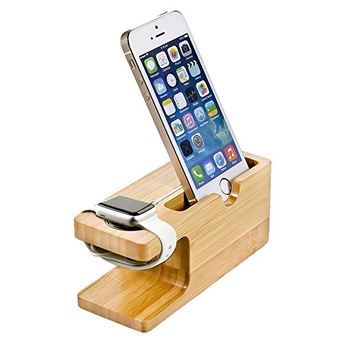 XPhonew Bamboo Wood Multifunction Charging Stand Charger Cradle Docking Station Charge Holder Compatible for iPhone 14 13 12 11 Pro Max Apple Watch 2 3 4 5 / iWatch 38mm & 42mm Samsung Sony Smartphone