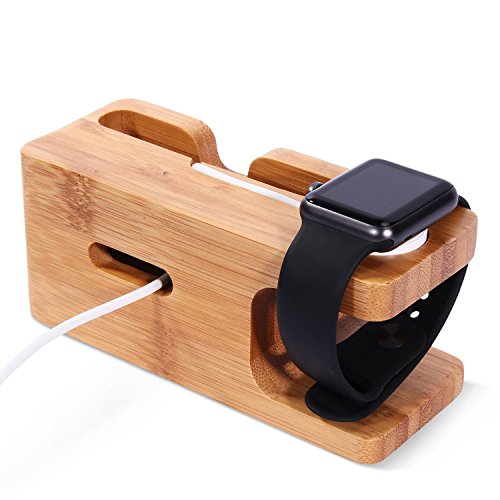 XPhonew Bamboo Wood Multifunction Charging Stand Charger Cradle Docking Station Charge Holder Compatible for iPhone 14 13 12 11 Pro Max Apple Watch 2 3 4 5 / iWatch 38mm & 42mm Samsung Sony Smartphone