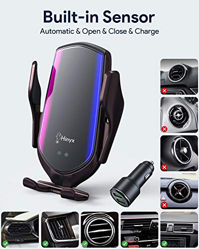 Hinyx Wireless Car Charger - 2 in 1 Qi 15W Fast Wireless Auto-Clamp Charge Car Air Vent Mount Phone Holder for Apple iPhone 13 Pro Max/12 Pro/8/8 Plus/XS/Max/XR/Samsung Galaxy S9/S9+/S8/S8+/S7+/Note 8