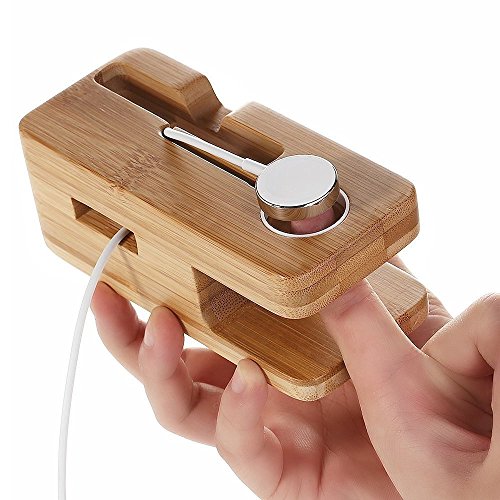 XPhonew Bamboo Wood Multifunction Charging Stand Charger Cradle Docking Station Charge Holder Compatible for iPhone 14 13 12 11 Pro Max Apple Watch 2 3 4 5 / iWatch 38mm & 42mm Samsung Sony Smartphone