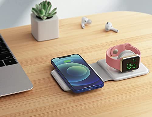 Quipcore 2 in 1 Foldable Wireless Charging Charger Station, 15W MagSafe Compatible with iPhone 14/13/12/SE/11/XS/8,Samsung Galaxy, Apple Watch