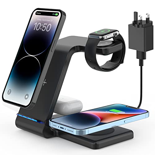 GEEKERA Wireless Charger, 4 in 1 Charging Station with 30W PD adapter for iPhone/Samsung Phones, Qi-Certified Charger Stand for Apple Watch 2-7/AirPods Pro/3/2
