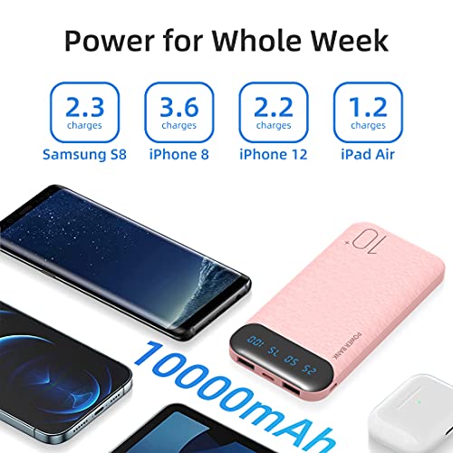 Power Bank 10000mAh Mobile Phone Portable Charger External Battery Pack with 2 USB 2.4 A Outputs and USB C Input Compatible with Huawei iPhone 12 11 X iPad Samsung Galaxy S20 Android Tablet (Pink)